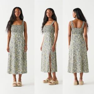 Zara Floral Linen Smocked Elastic Slit Midi Dress Womens Size XS